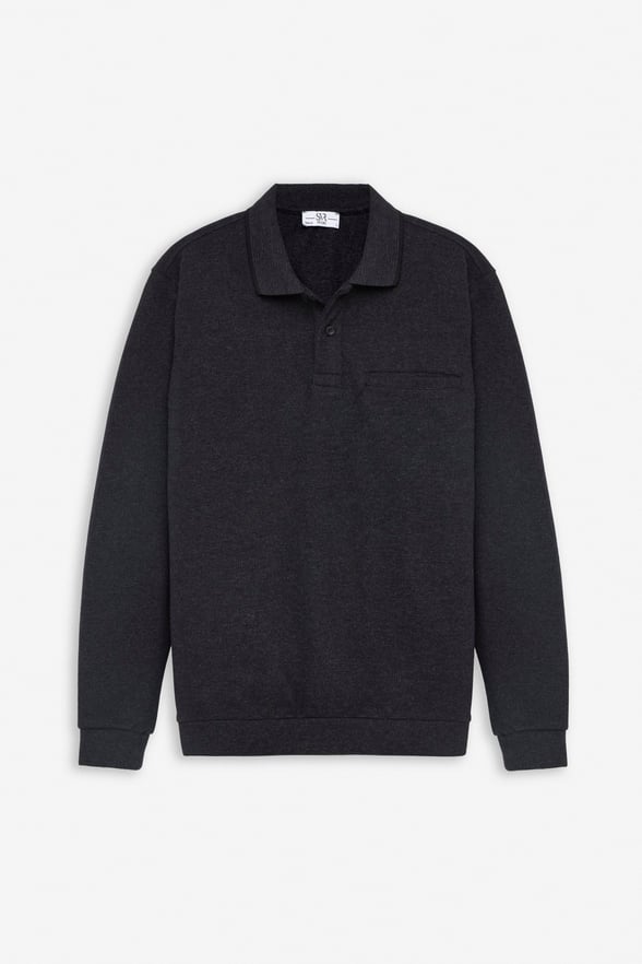 Siyah Regular Düz Polo Yaka Sweatshirt
