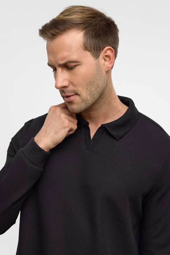 Siyah Regular Düz Polo Yaka Sweatshirt