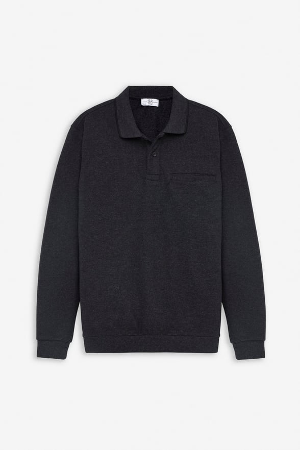 Siyah Regular Düz Polo Yaka Sweatshirt
