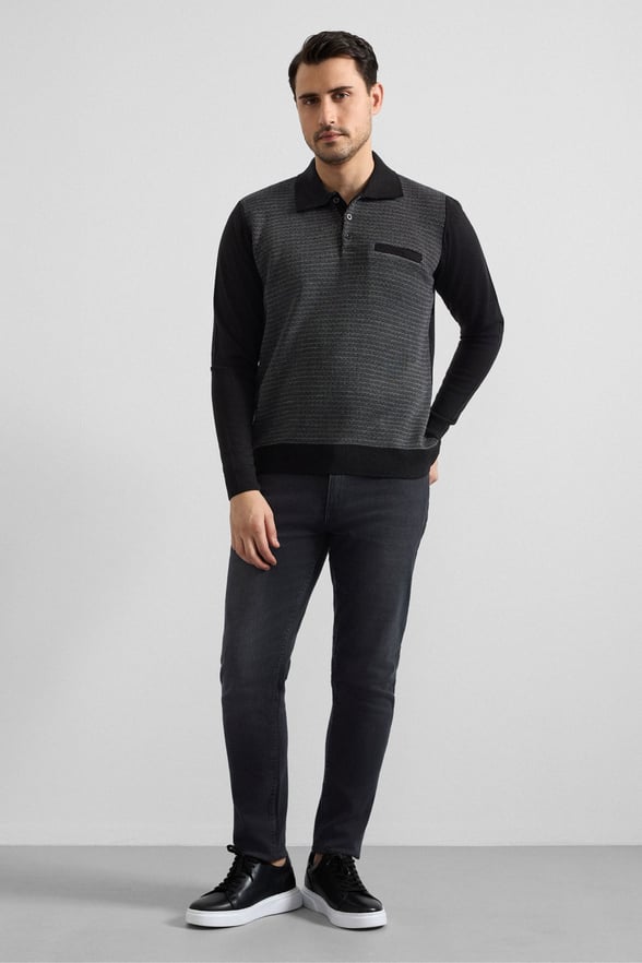Siyah Regular Düz Polo Yaka Sweatshirt
