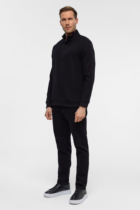 Siyah Regular Düz Polo Yaka Sweatshirt