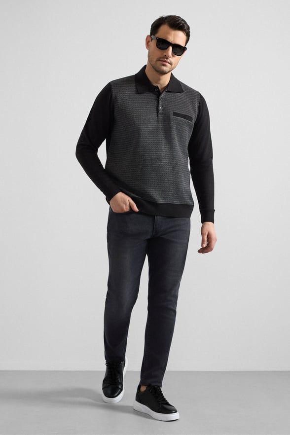 Siyah Regular Düz Polo Yaka Sweatshirt