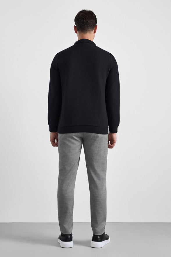Siyah Regular Düz Polo Yaka Sweatshirt