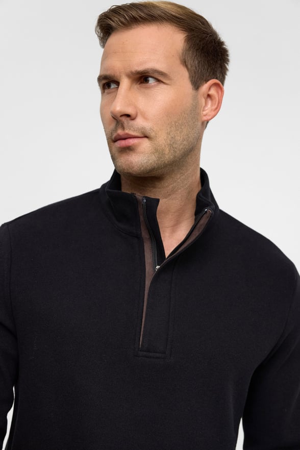 Siyah Regular Düz Polo Yaka Sweatshirt