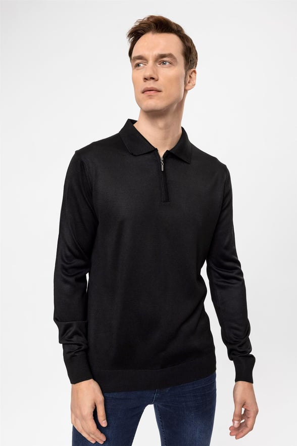 Siyah Regular Düz Polo Yaka  Triko