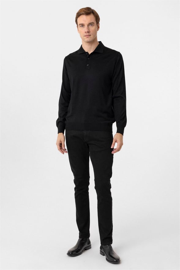 Siyah Regular Düz Polo Yaka Triko