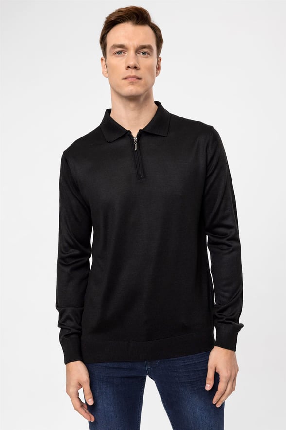 Siyah Regular Düz Polo Yaka  Triko