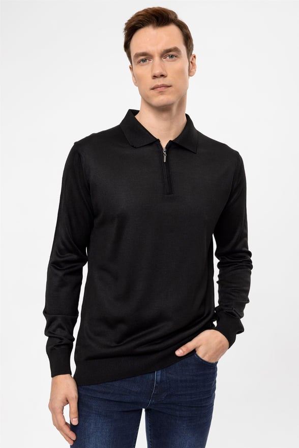 Siyah Regular Düz Polo Yaka  Triko