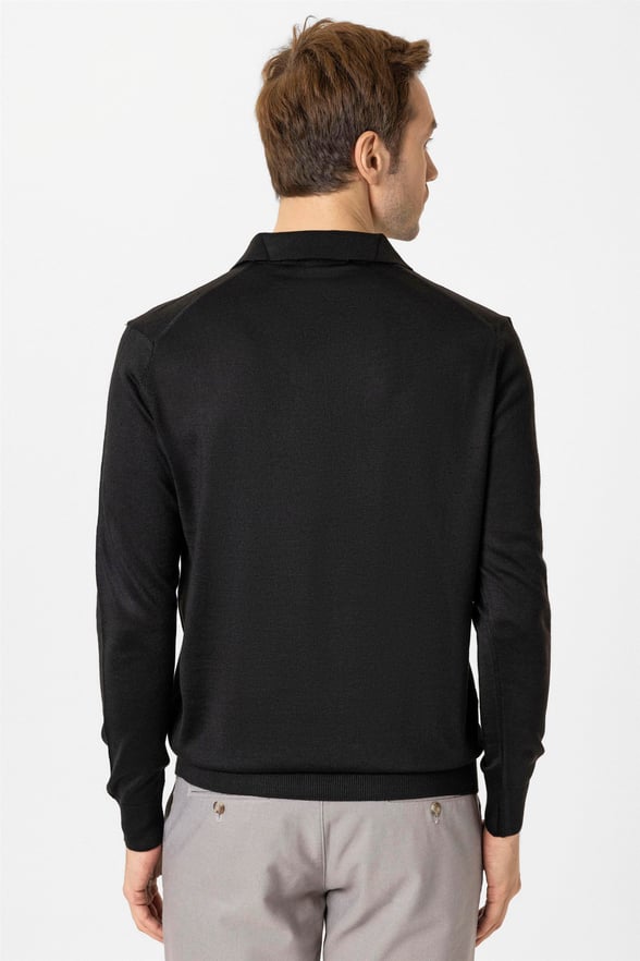 Siyah Regular Düz Polo Yaka Triko