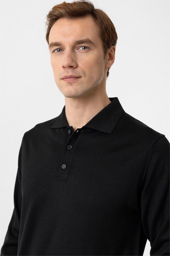 Siyah Regular Düz Polo Yaka Triko