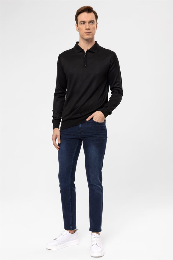 Siyah Regular Düz Polo Yaka  Triko