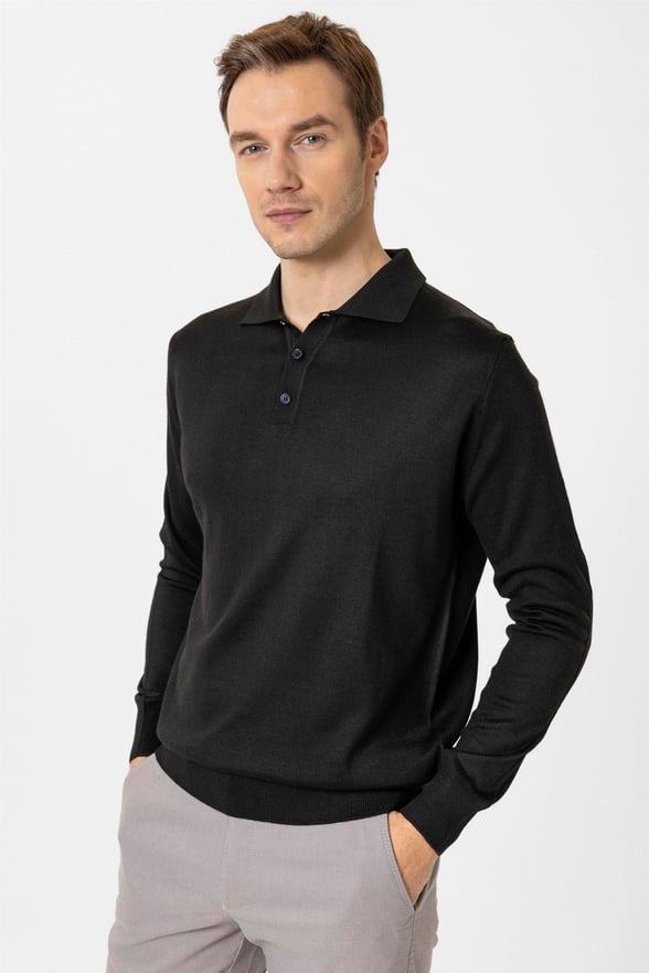 Siyah Regular Düz Polo Yaka Triko