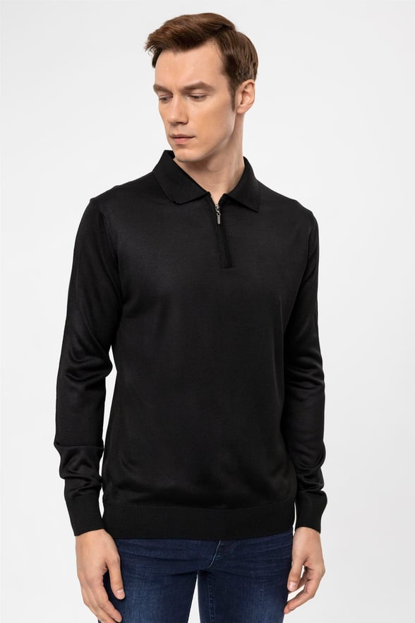 Siyah Regular Düz Polo Yaka  Triko