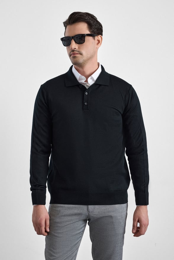 Siyah Regular Düz Polo Yaka Triko