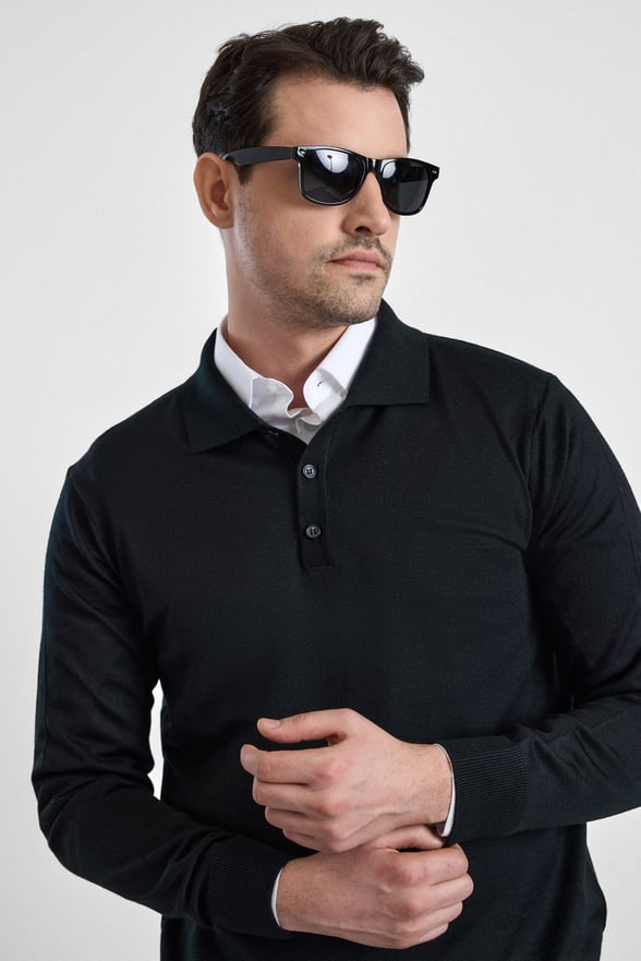 Siyah Regular Düz Polo Yaka Triko