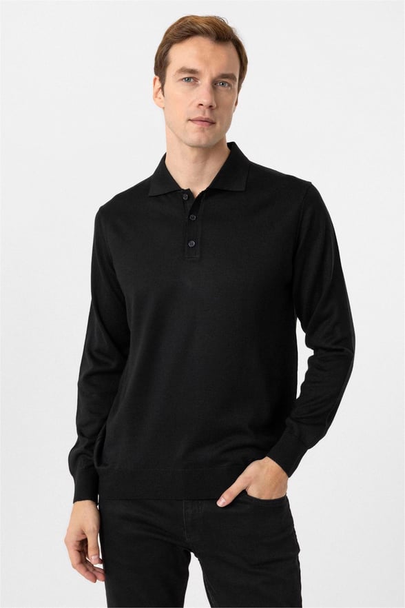 Siyah Regular Düz Polo Yaka Triko