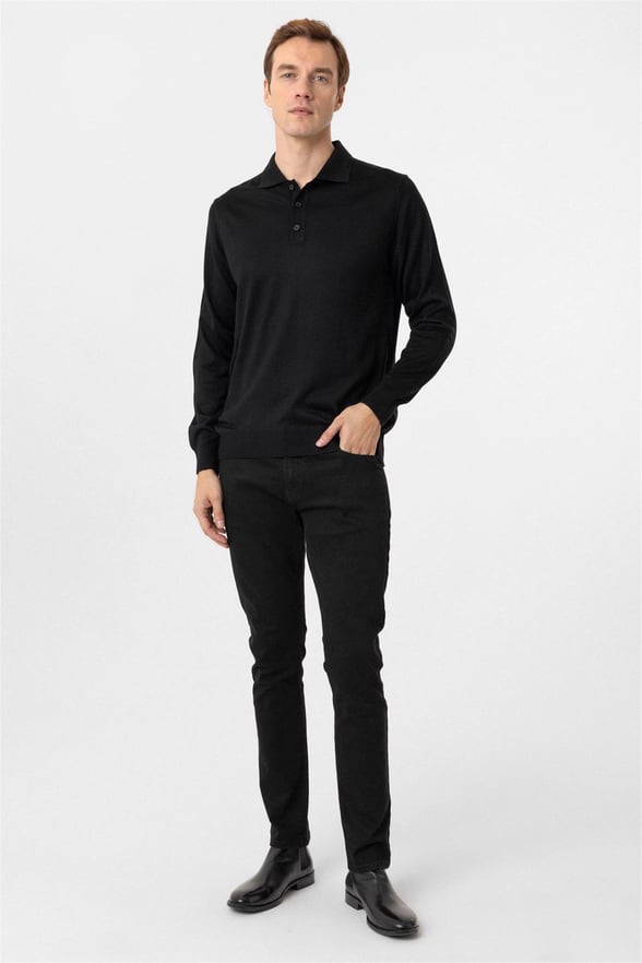 Siyah Regular Düz Polo Yaka Triko