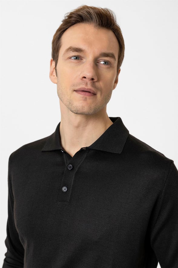 Siyah Regular Düz Polo Yaka Triko