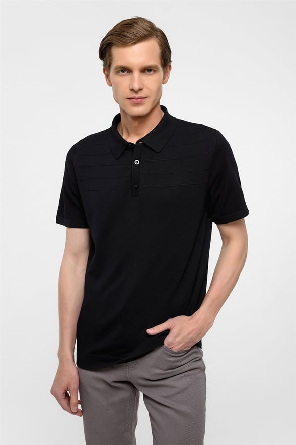 Siyah Regular Düz Polo Yaka Triko Tişört 