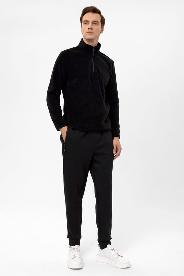 Siyah Regular Düz Sivri Yaka  Sweatshirt