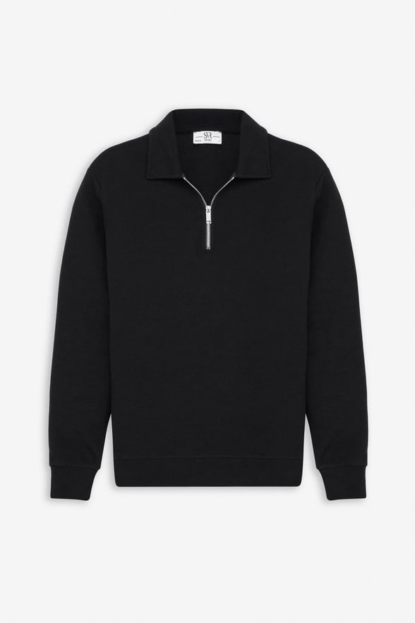 Siyah Regular Düz Yarım Balıkçı Yaka Sweatshirt