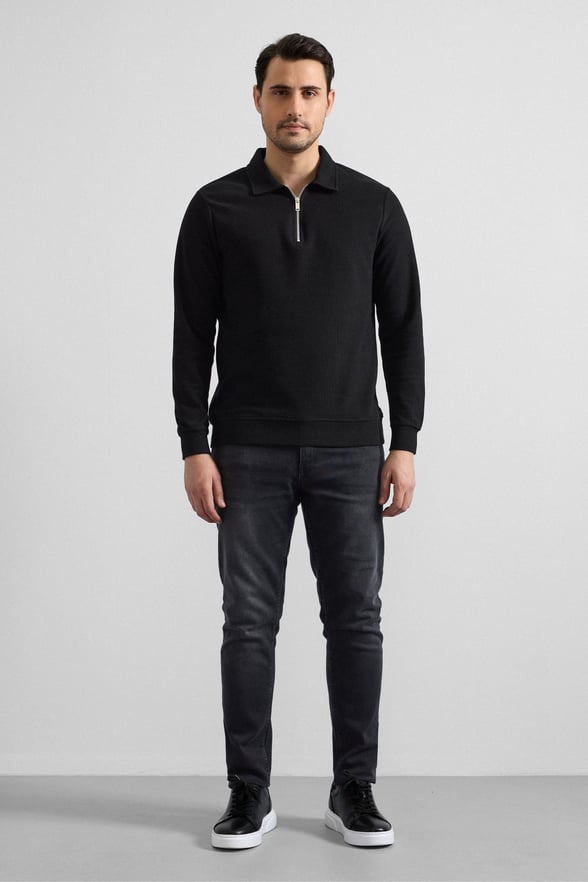 Siyah Regular Düz Yarım Balıkçı Yaka Sweatshirt