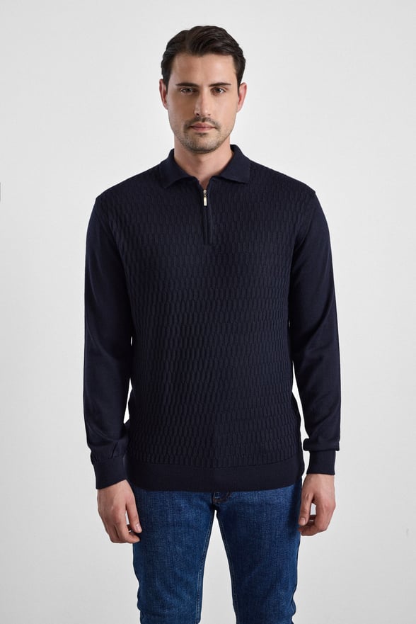 Siyah Regular Fermuarlı Polo Yaka Kazak