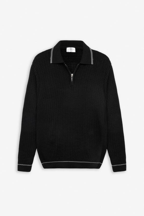 Siyah Regular Fermuarlı Polo Yaka Kazak