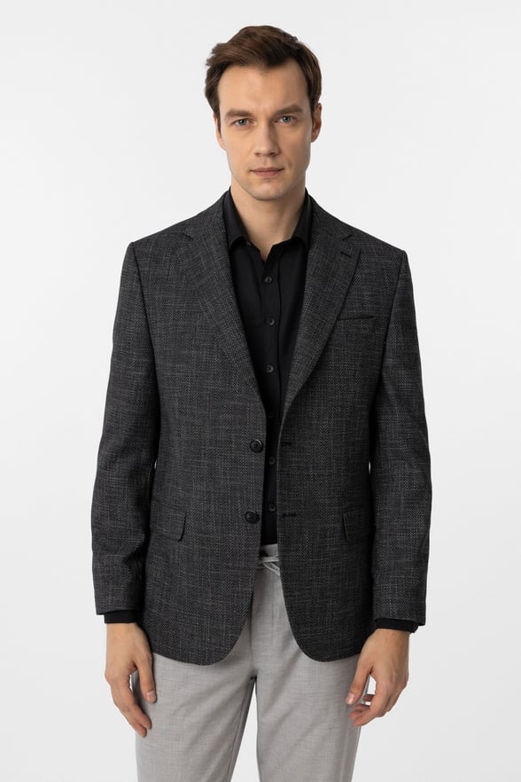 Siyah Regular Fit Desenli Mono Yaka 4 Drop Ceket