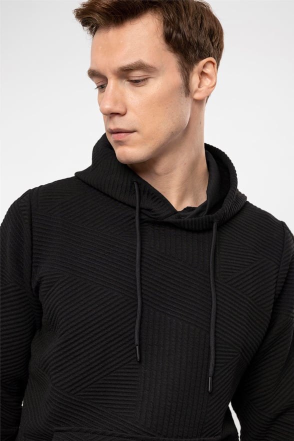 Siyah Regular Kapitone Kapişonlu Yaka  Sweatshirt