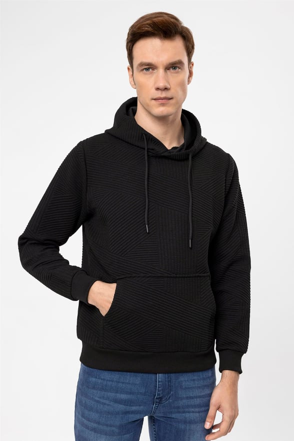 Siyah Regular Kapitone Kapişonlu Yaka  Sweatshirt