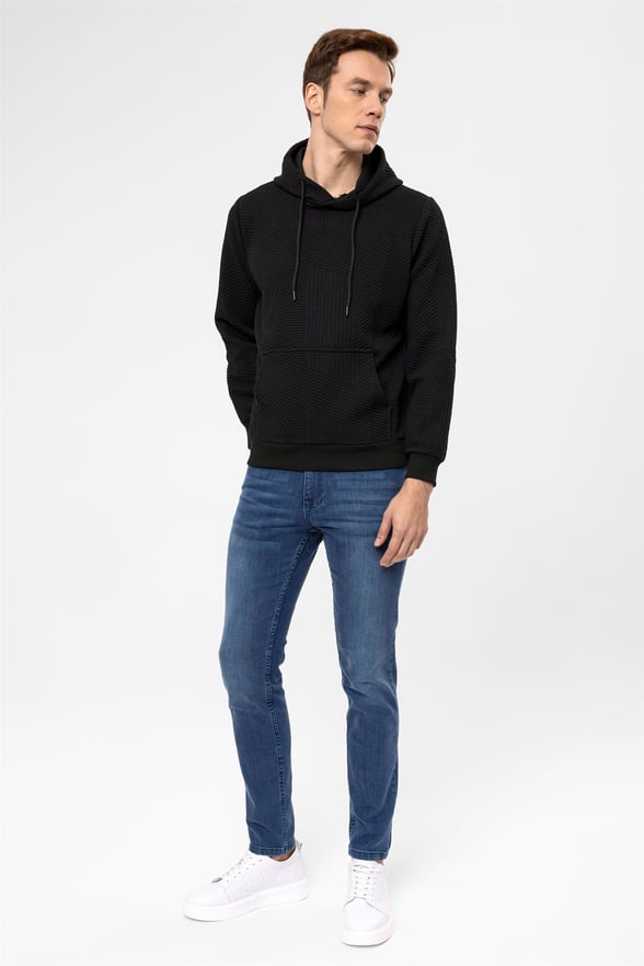 Siyah Regular Kapitone Kapişonlu Yaka  Sweatshirt