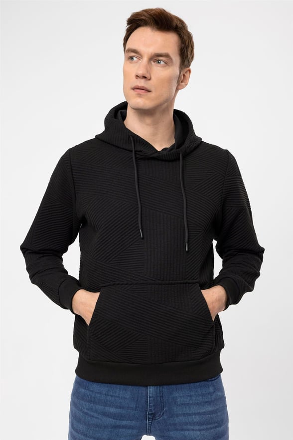 Siyah Regular Kapitone Kapişonlu Yaka  Sweatshirt