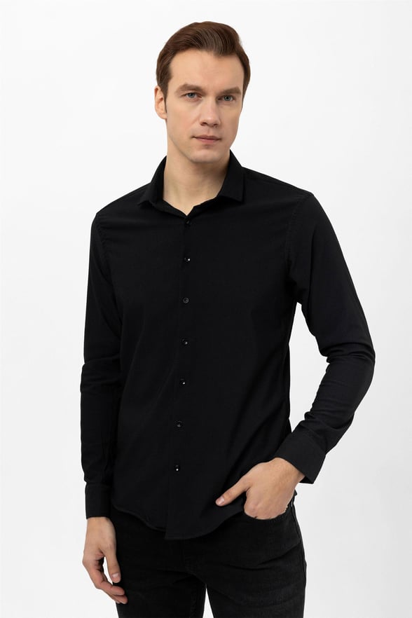 Siyah Slim Armürlü Klasik Yaka Gömlek