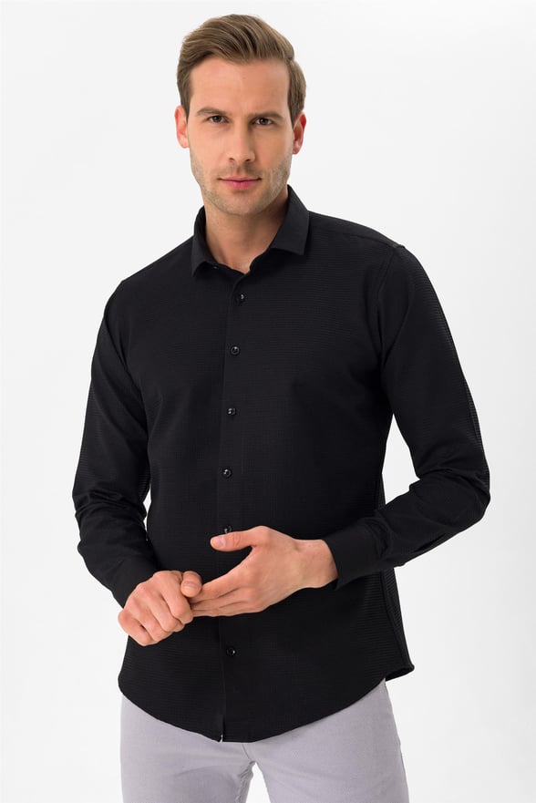 Siyah Slim Armürlü Klasik Yaka  Gömlek