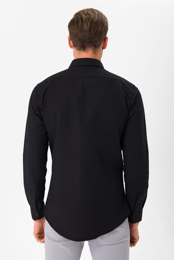Siyah Slim Armürlü Klasik Yaka  Gömlek
