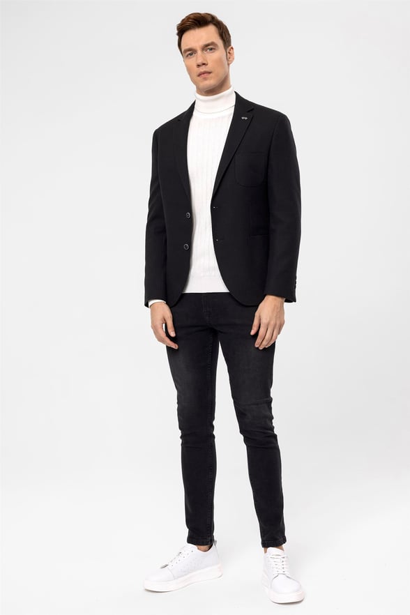 Siyah Slim Armürlü Mono Yaka 6 Drop                                                       Ceket
