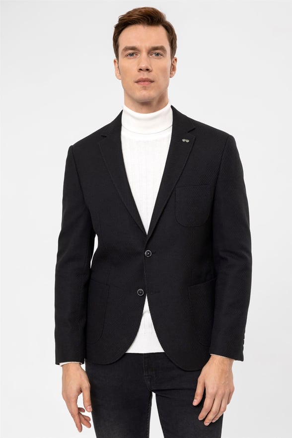 Siyah Slim Armürlü Mono Yaka 6 Drop                                                       Ceket