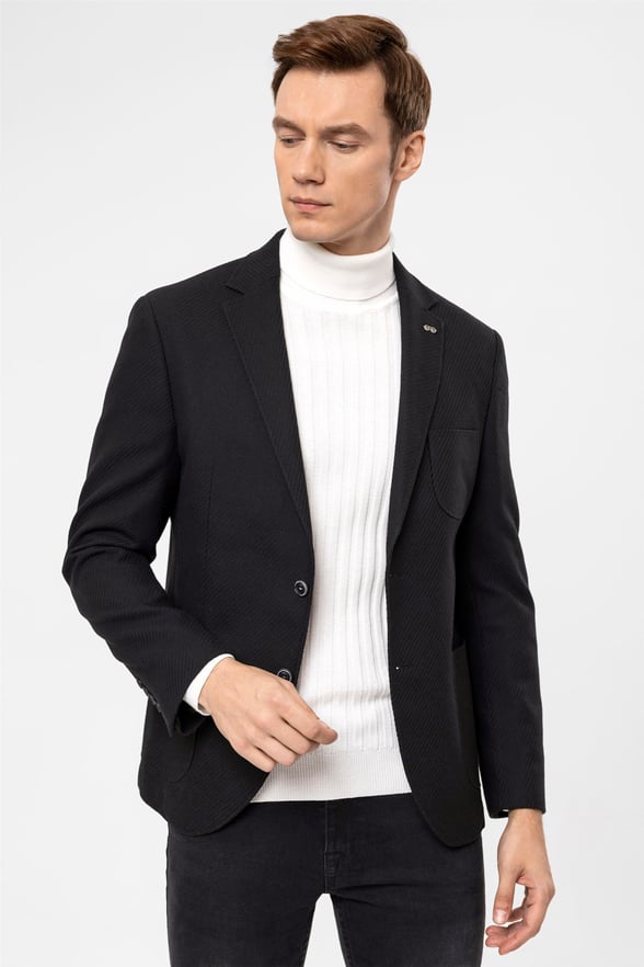 Siyah Slim Armürlü Mono Yaka 6 Drop                                                       Ceket