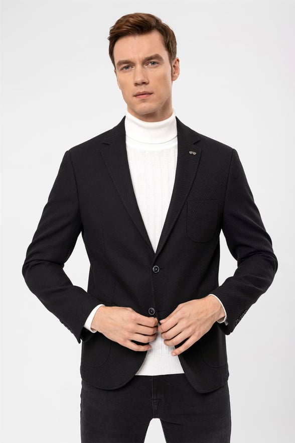 Siyah Slim Armürlü Mono Yaka 6 Drop                                                       Ceket