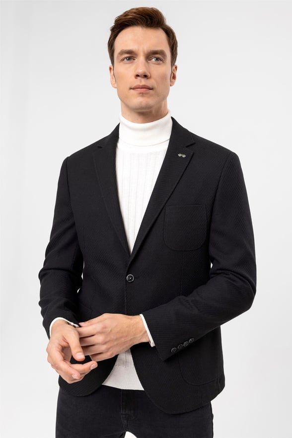 Siyah Slim Armürlü Mono Yaka 6 Drop                                                       Ceket