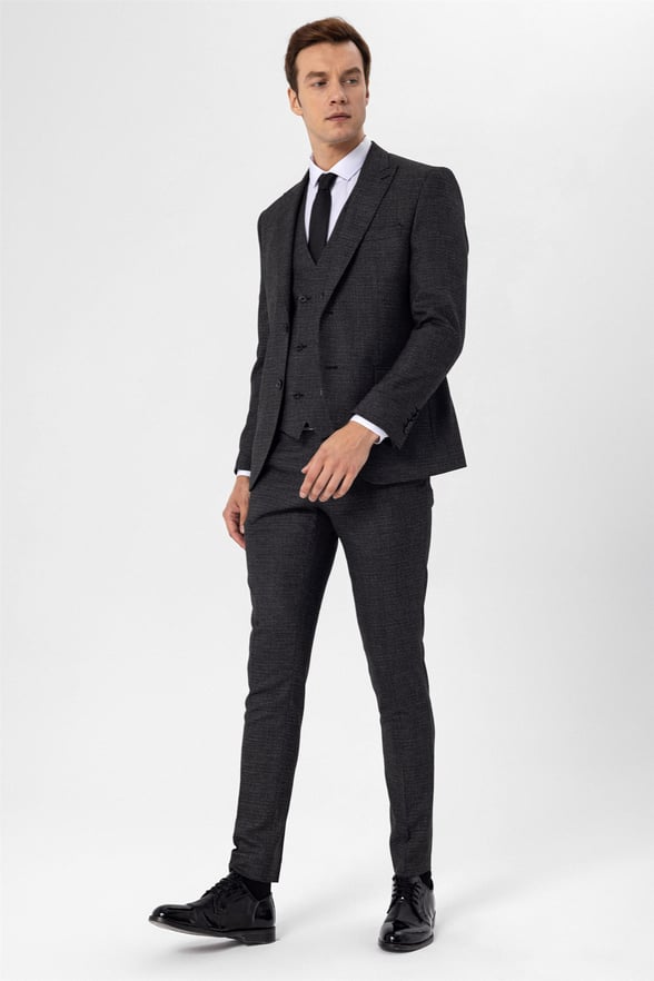 Siyah Slim Armürlü Mono Yaka 6 Drop                                                       Takım Elbise