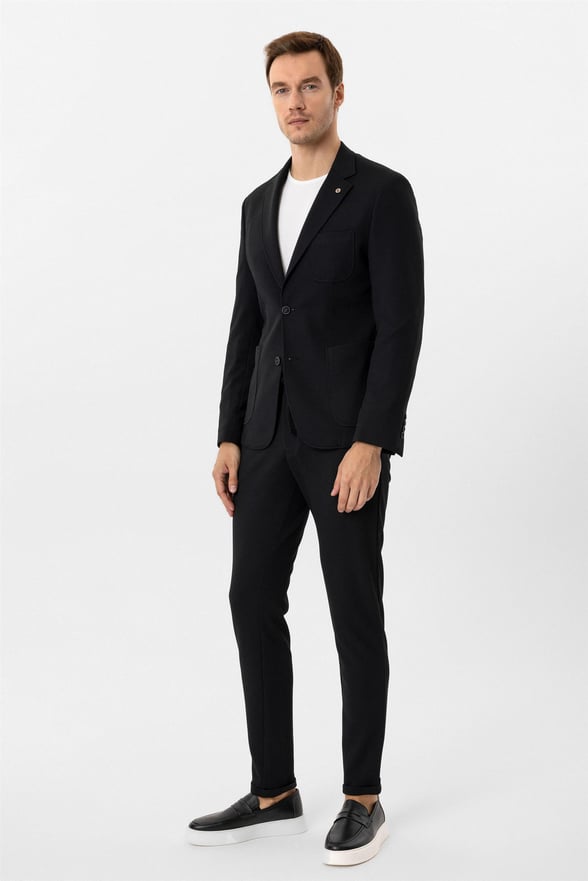 Siyah Slim Armürlü Mono Yaka 6 Drop Takım Elbise