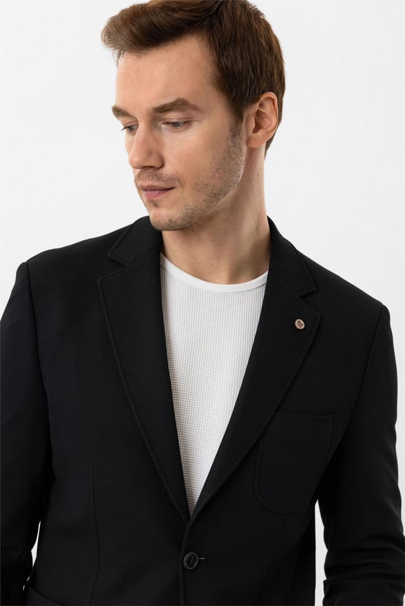 Siyah Slim Armürlü Mono Yaka 6 Drop Takım Elbise