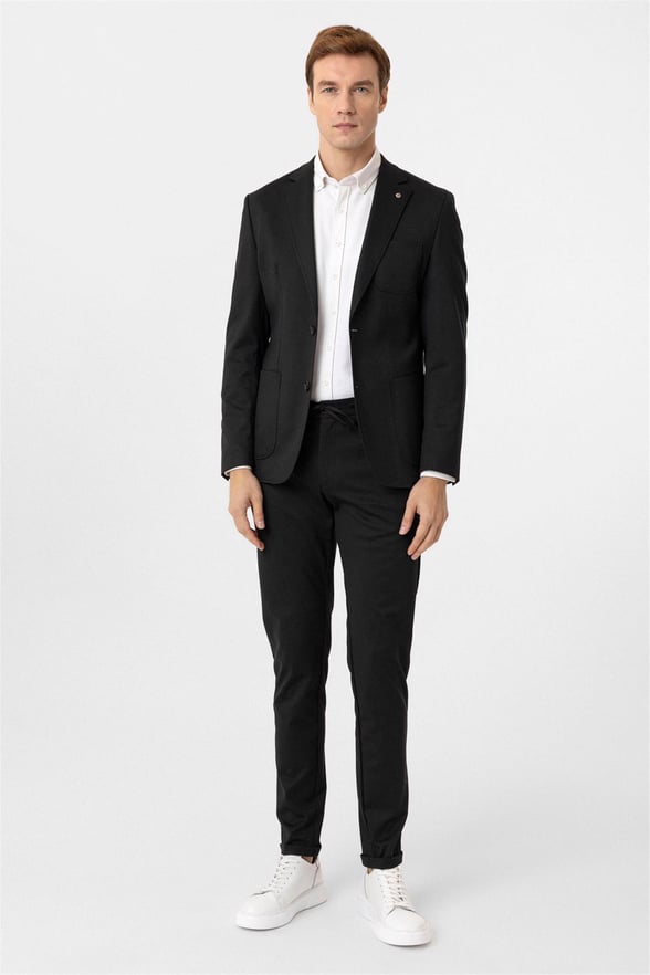 Siyah Slim Armürlü Mono Yaka 6 Drop Takım Elbise