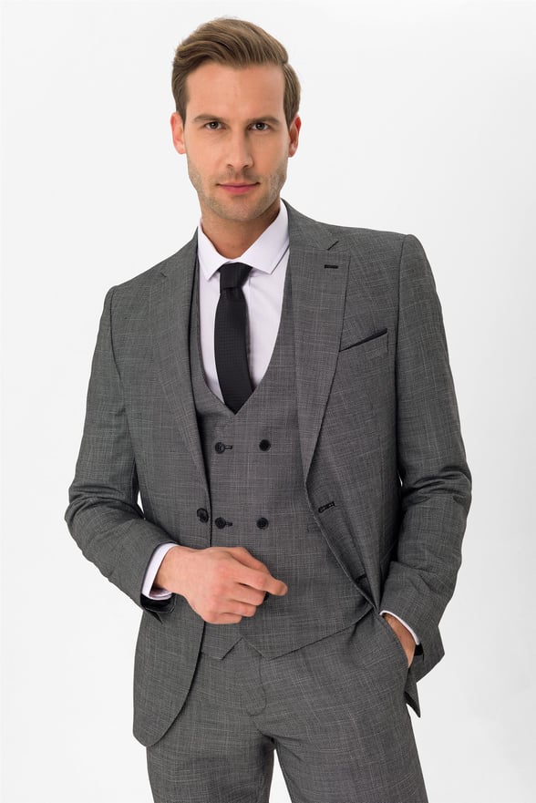 Siyah Slim Armürlü Mono Yaka 6 Drop                                                       Yelekli Takım Elbise