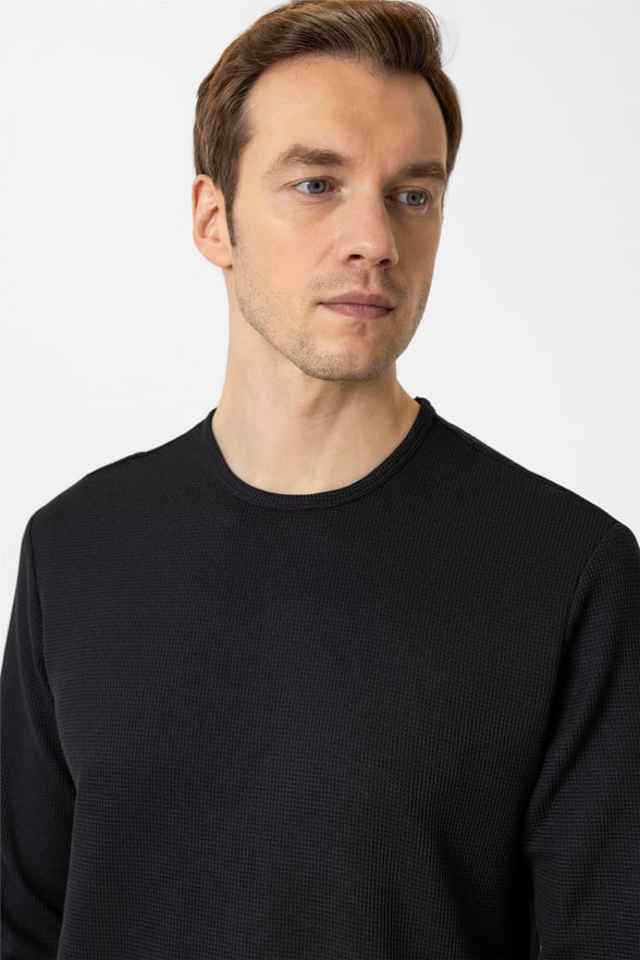 Siyah Slim Armürlü O Yaka Sweatshirt