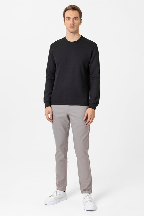 Siyah Slim Armürlü O Yaka Sweatshirt