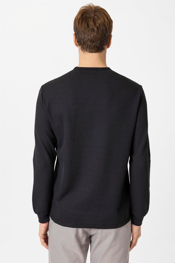 Siyah Slim Armürlü O Yaka Sweatshirt