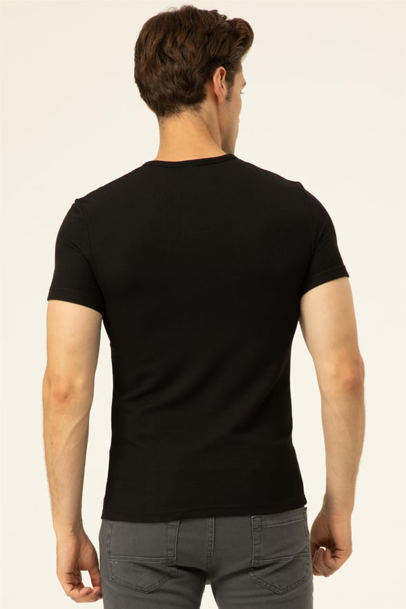 Siyah Slim Armürlü O Yaka  Tişört